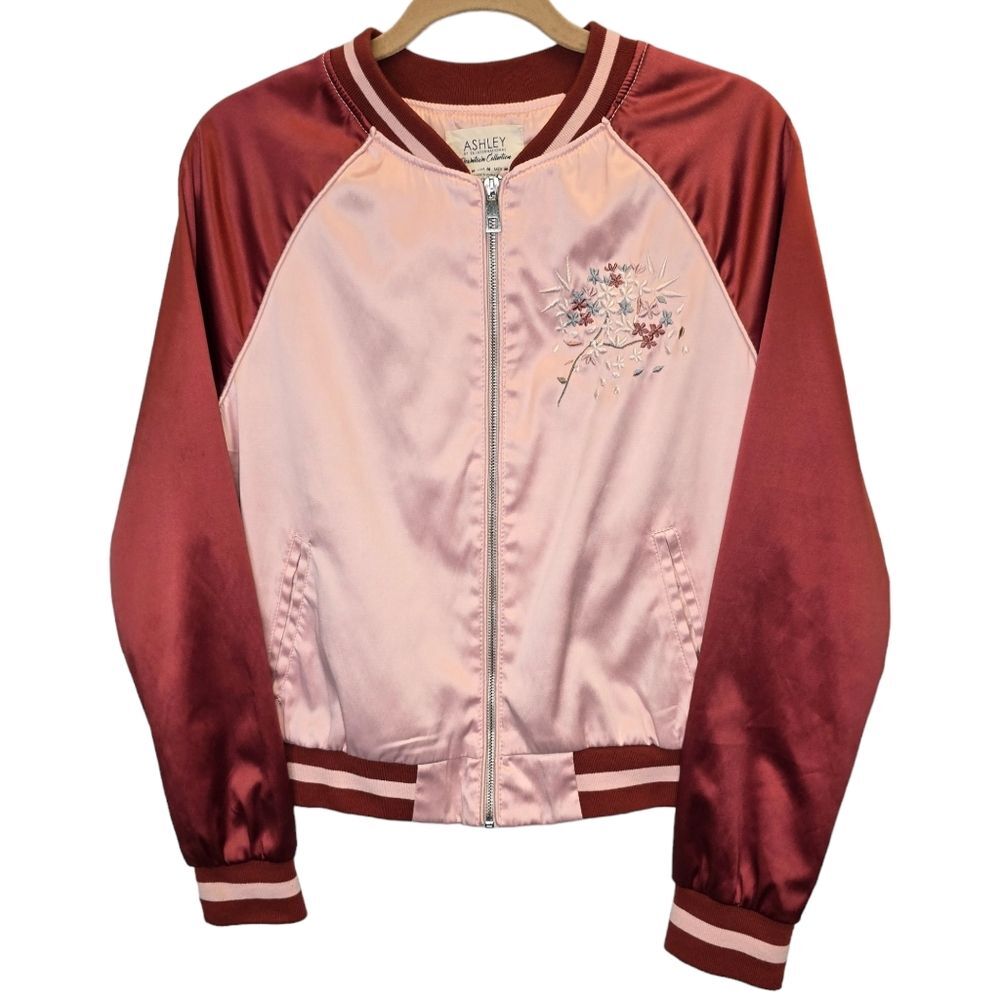 Ashley by 26 International Pink Satin Embroidered Floral Bomber Jacket M
